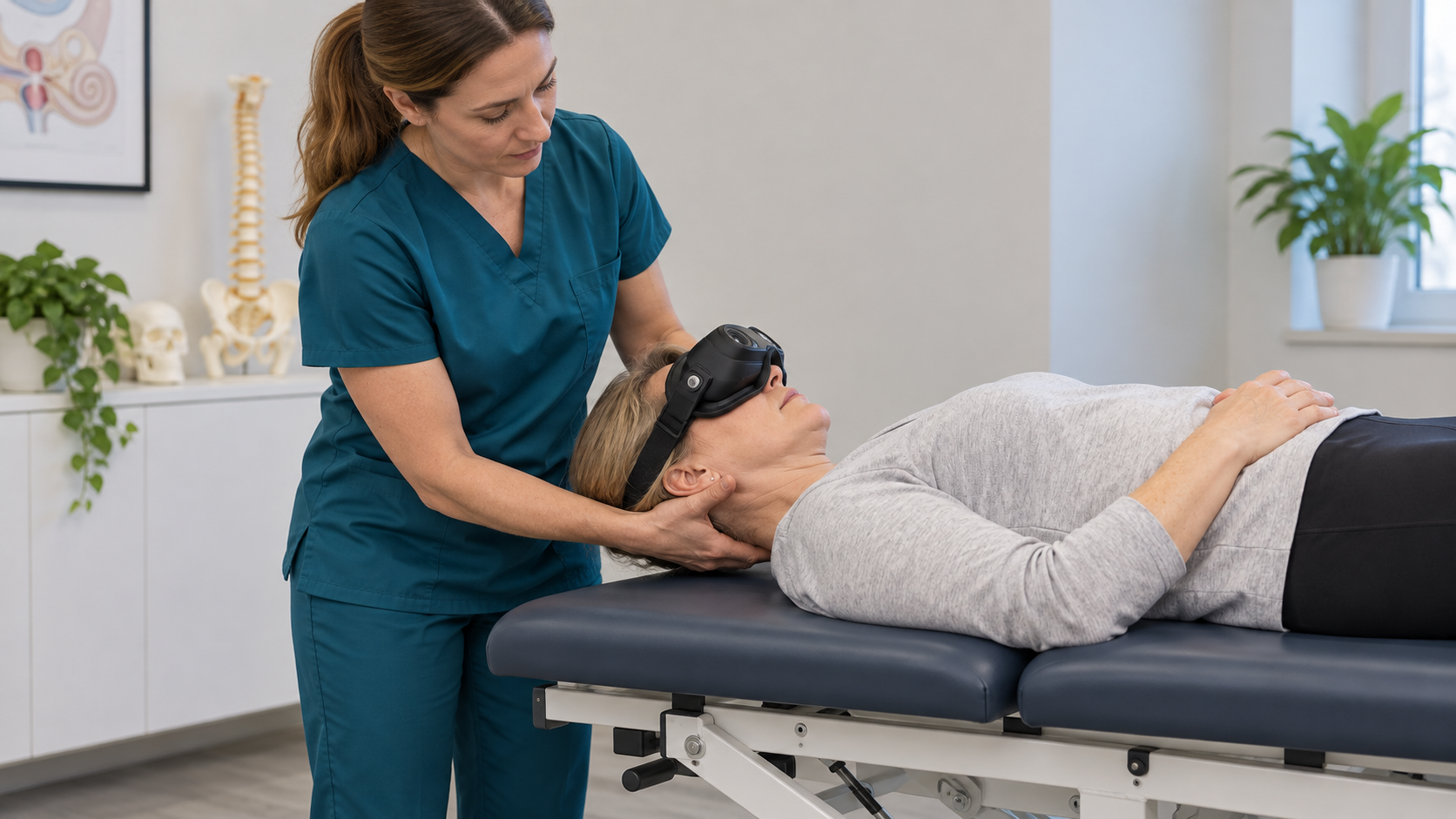 Illustration of a vestibular assessment with video Frenzel goggles and the patient's head supported by a physiotherapist